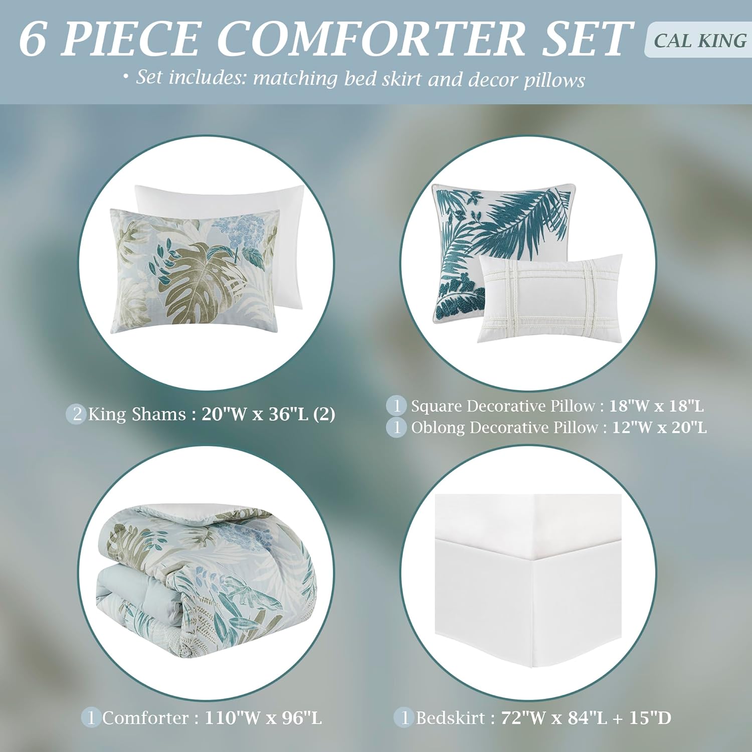 Harbor House Cal King Comforter Set, Tropical Palm Print, Soft Cotton Oversized Comforter for a Cal King-Size Bed, Coastal Bedding, 2 Shams, Bedskirt, 2 Décor Pillows, Kiawah Island, Cal King Blue