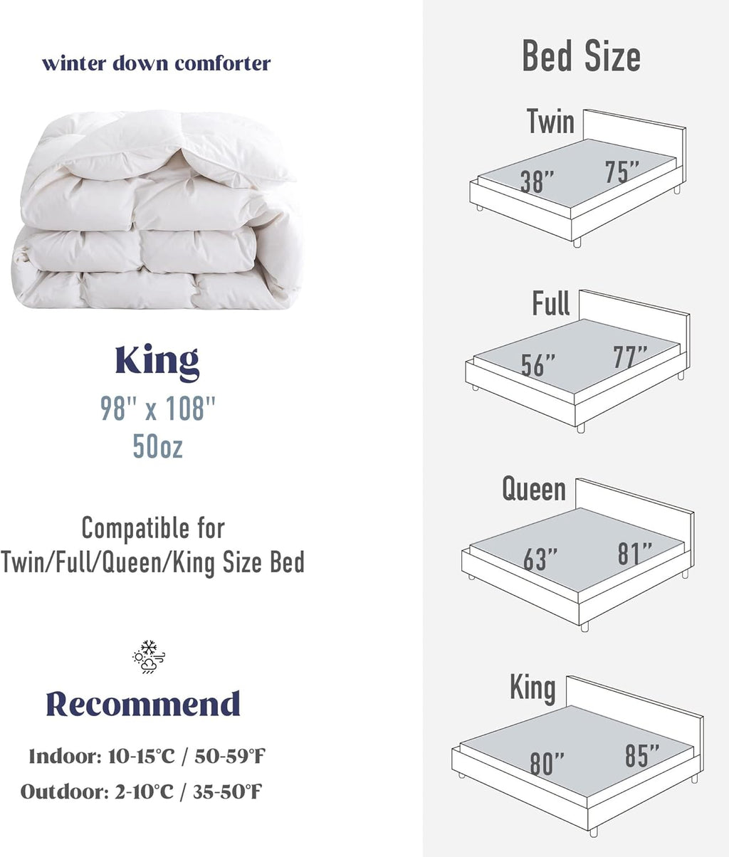 puredown® Goose Down Comforter King Size, 800 Fill Power, 100% Cotton Winter Oversized Down Duvet Insert 700 Thread Count, Heavyweight Cloud Fluffy Pinch Pleat Extra Warmth