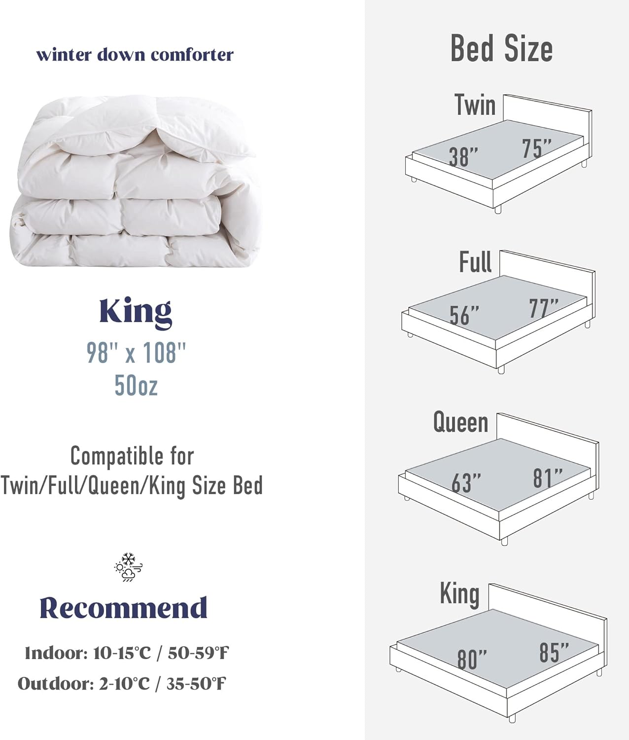 puredown® Goose Down Comforter King Size, 800 Fill Power, 100% Cotton Winter Oversized Down Duvet Insert 700 Thread Count, Heavyweight Cloud Fluffy Pinch Pleat Extra Warmth