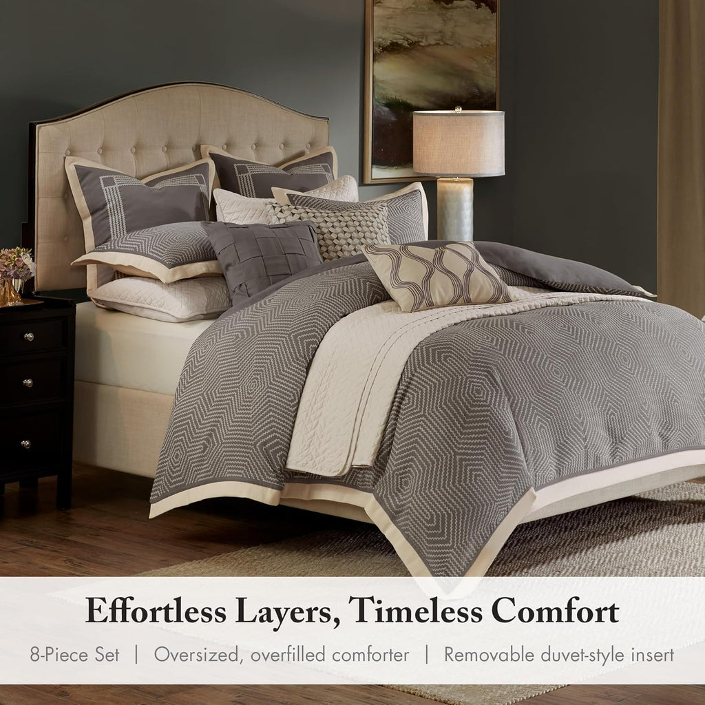 Madison Park Signature Cozy Comforter Set - All Season Bedding Combo Filled Insert and Removable Duvet Cover, Shams, Decorative Pillows, Queen (92 in x 96 in), Geometric Grey 9 Piece