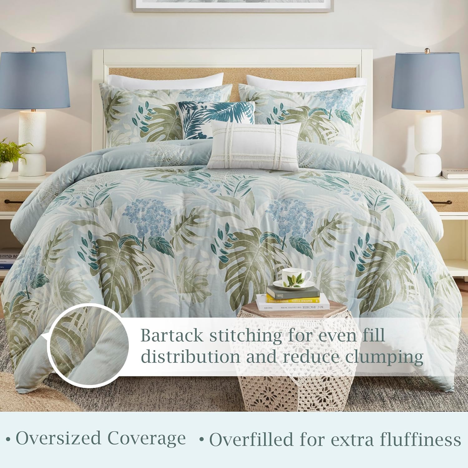 Harbor House Cal King Comforter Set, Tropical Palm Print, Soft Cotton Oversized Comforter for a Cal King-Size Bed, Coastal Bedding, 2 Shams, Bedskirt, 2 Décor Pillows, Kiawah Island, Cal King Blue