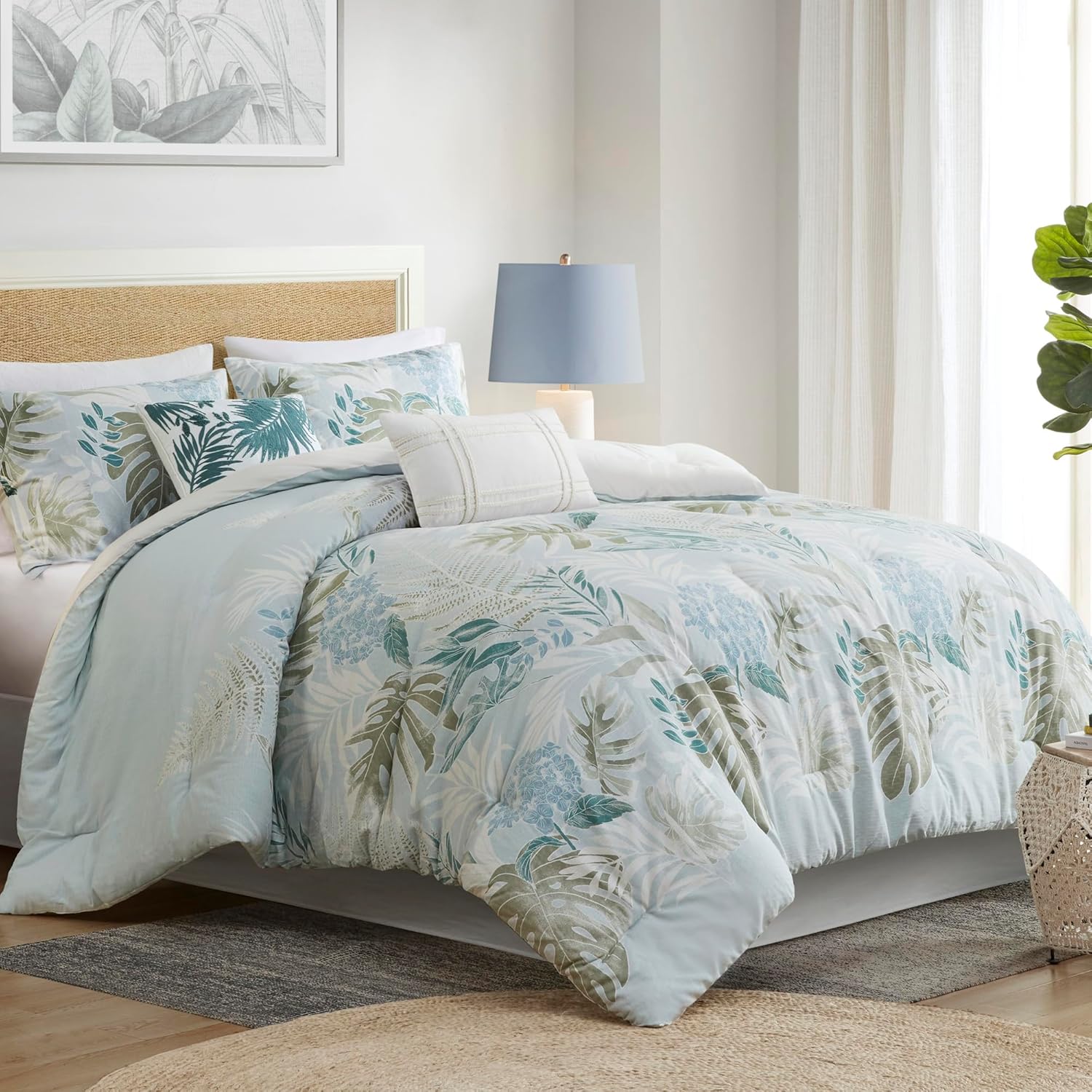 Harbor House Cal King Comforter Set, Tropical Palm Print, Soft Cotton Oversized Comforter for a Cal King-Size Bed, Coastal Bedding, 2 Shams, Bedskirt, 2 Décor Pillows, Kiawah Island, Cal King Blue
